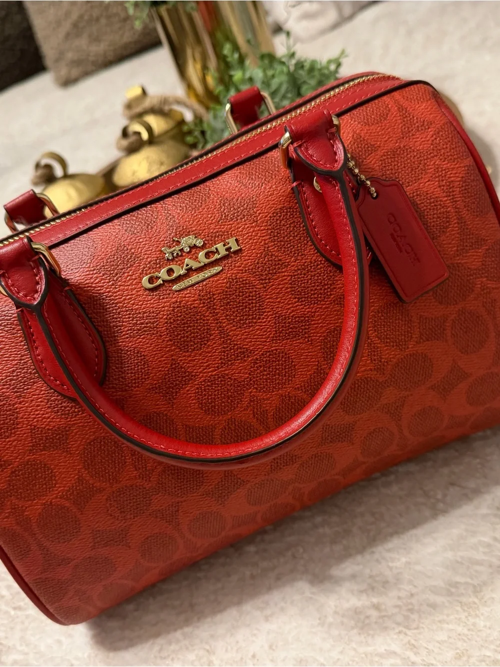 COACH MEDIUM ROWAN SATCHEL – SIGNATURE CANVAS – CRIMSON/GOLD – NWT